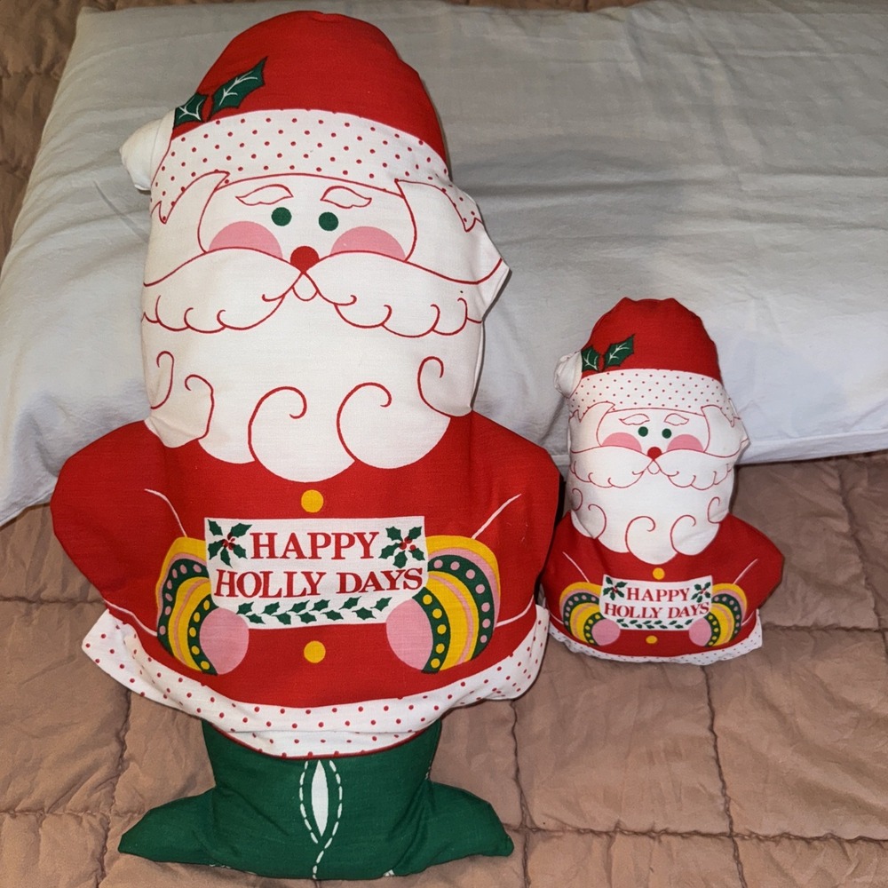 2 Vtg Fabric Handmade Stuffed Santa Pillows For Chair Or Shelf